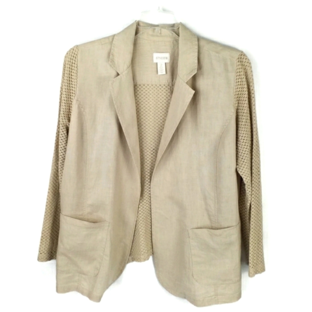 Chico's Tan Linen Open Front Long Perforated Sleeve Blazer Jacket Womens 2, US L - Picture 15 of 15